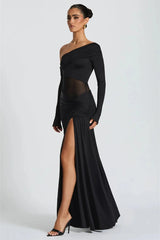 Off-Shoulder Long Sleeve Backless Thigh Split Maxi Dress