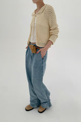 Hollow-Out Collared Tie-Waist Long-Sleeve Short Knit Cardigan