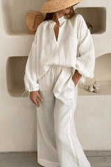Tie Neck Balloon Sleeve Top Wide Leg Pants Set