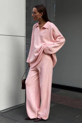 Relaxed Polo Knit Top Wide Leg Pants Set