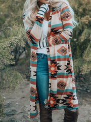 Multicolor Geometric Color Block Long Cardigan