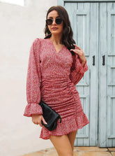 V-Neck Flounce Printed Chiffon Dress With Pleats S / Burgundy Dresses