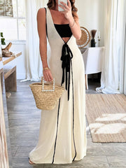 Contrast Color Self-Tie Charming Flowy Oversized Maxi Dress Dresses