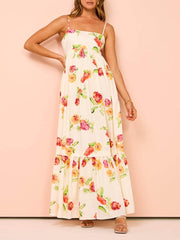 Unique Floral Print Halter Graceful Backless Extra Maxi Dress Beige / S Dresses