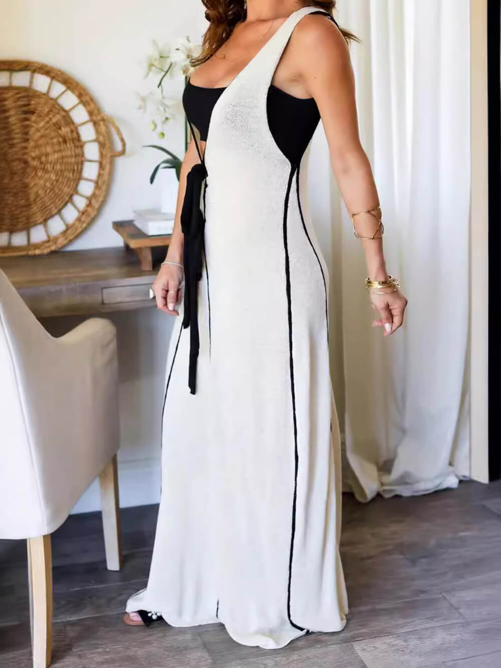 Contrast Color Self-Tie Charming Flowy Oversized Maxi Dress Dresses