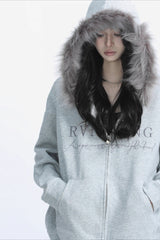 Fur Collar Oversized Zip Hoodie