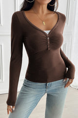 Button Detail Lace Trim V-Neck Long Sleeve Tee