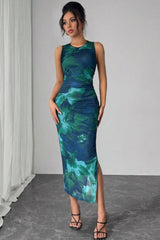 Sleeveless Mesh Printed Maxi Dress