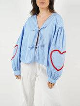 Plaid Heart Trim Tie-Up Blouse Blue / S blouse-250223