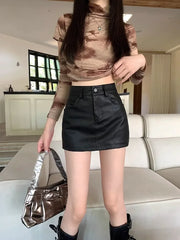 2024 New High -Waisted Brown A-Line PU Leather Belted Mini Skirt