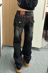 Heavy Wash Pocket Stitch Wide Leg Jeans