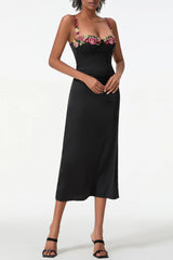 Satin Flower Embroidery Midi Dress