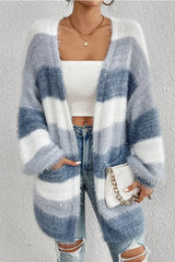 Fuzzy Stripe Longline Open Front Cardigan