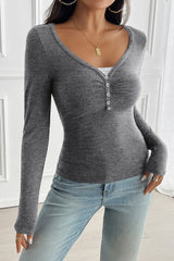 Button Detail Lace Trim V-Neck Long Sleeve Tee