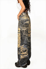 Graffiti Print Distressed Wide Leg Streetwear Jeans