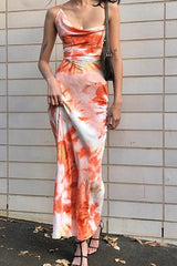 Printed Strap Backless Slim Maxi Floral Dress