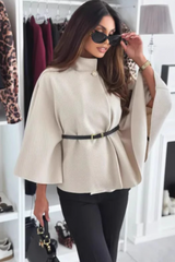 Solid Waist Tie Elegant Chic Wool Cape Christmas Outerwear