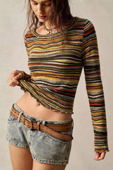 Retro Stripe Knit Cropped Long Sleeve T-Shirt