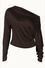 Ruched Asymmetric Shoulder Long Sleeve Tee