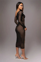 Diagonal Collar Mesh Midi Dress