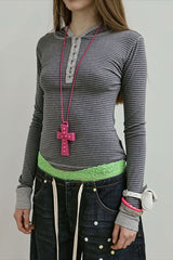 Striped Cross Pendant Fitted Zip Hoodie