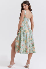 Spaghetti Strap Floral Ruched Midi Dress