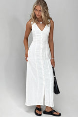 V-Neck Cotton Linen Maxi Dress