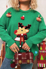 Christmas Cartoon Deer Knit Crew Patchwork Sweater