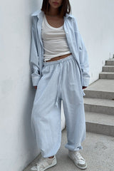 Striped Button Shirt Tie Waist Pants Set