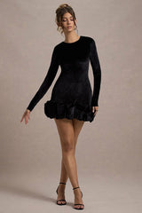 Luxe Velvet Crew Neck Pleated Long Sleeve Mini Dress
