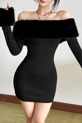 Christmas Color Block Furry Off-Shoulder Fitted Party Dress
