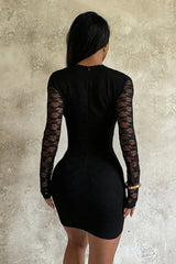 Lace Deep V-neck Long Sleeve Sexy Bodycon Mini Dress