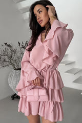 Ruffled Chiffon Pink Mini Dress