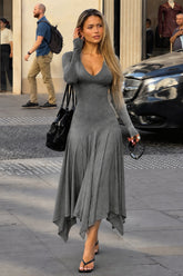 V Neck Asymmetric Long Sleeve Maxi Dress
