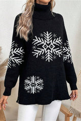 Solid Color Turtleneck Christmas Snowflake Print Sweater
