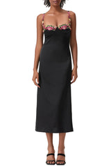 Satin Flower Embroidery Midi Dress