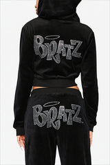 Rhinestone Cropped Zip Up Y2K Hoodie