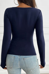 Button Detail Lace Trim V-Neck Long Sleeve Tee