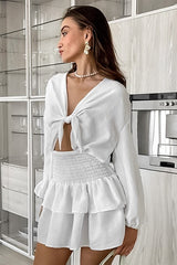 Tie-Front White Long-Sleeve Mini Dress