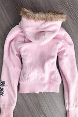 Letter Print Fur Trim Fitted Hoodie