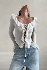Ruffle Lace Up Flare Sleeve Blouse
