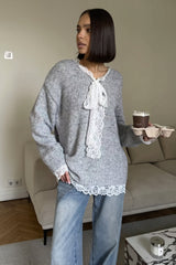 Lace Trim Bow Neck Relaxed Pullover Sweater