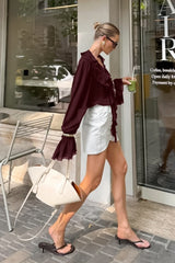 Ruffled V-Neck Tie Long Sleeve Blouse