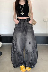 Distressed Panel Barrel Leg Street Jeans
