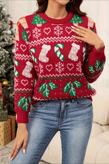 Christmas Stocking Snowflake Loose Color Block Crew Neck Sweater