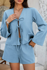 Casual Button Cardigan Beach Shorts Set