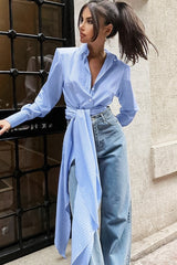 Striped Long Tie Neck Blouse