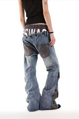 Double Waist Stripe Panel Baggy Streetwear Jeans