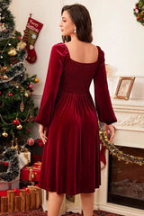 Christmas Retro Solid Long-Sleeve Flared Midi Dress