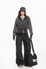 Washed Embroidered Cropped Hoodie